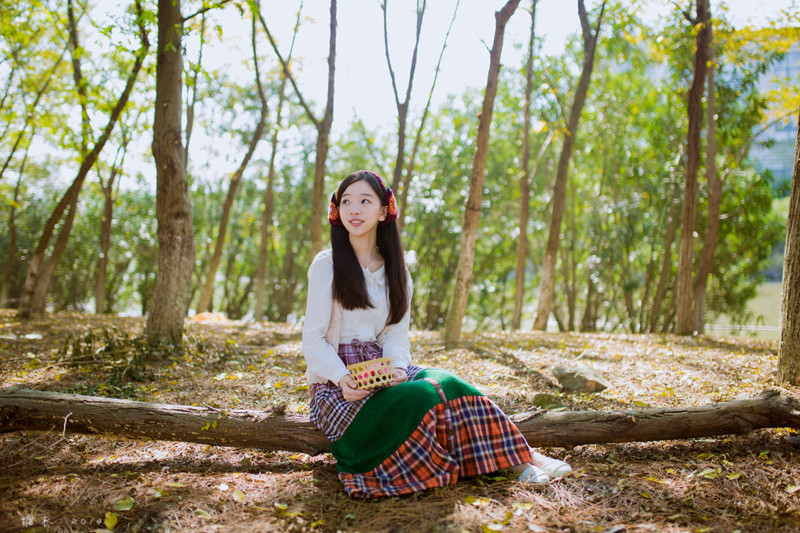 碎花裙美女森林捡松果  第15张