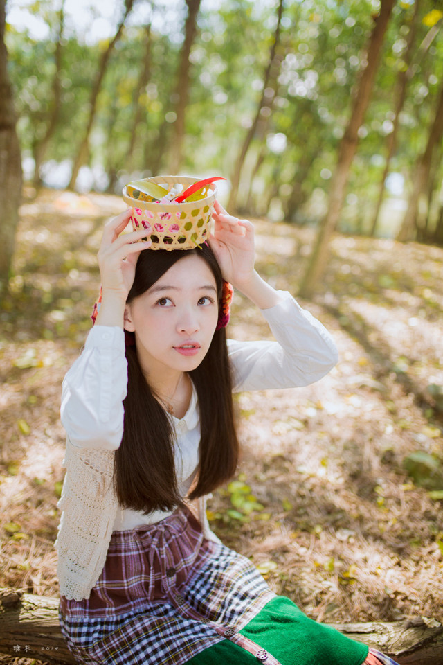 碎花裙美女森林捡松果  第4张
